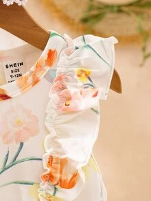 SHEIN Playful Pals 3件組女嬰象牙色粉色白色甜美花卉印花短袖連身褲 夏季可愛休閒熱帶極簡風連身褲 適合單身派對度假 - 彩色 - 查看 3