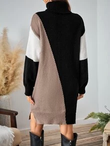 SHEIN LUNE 秋冬季女士撞色高领长袖宽松套头针织连衣裙，休闲百搭 - 彩色 - 查看 2