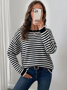 SHEIN LUNE LUNE Black And White Striped Pattern Contrast Trim Drop Shoulder Sweater, Long Sleeve Tops In Autumn Back-To-School Travel Everyday School Casual - Black and White - View 2
