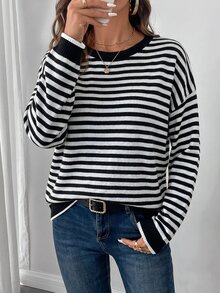 SHEIN LUNE LUNE Black And White Striped Pattern Contrast Trim Drop Shoulder Sweater, Long Sleeve Tops In Autumn Back-To-School Travel Everyday School Casual - Black and White - View 5