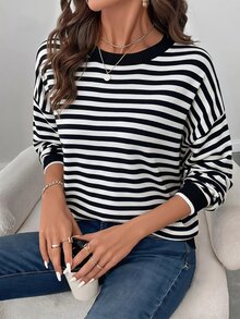 SHEIN LUNE LUNE Black And White Striped Pattern Contrast Trim Drop Shoulder Sweater, Long Sleeve Tops In Autumn Back-To-School Travel Everyday School Casual - Black and White - View 3
