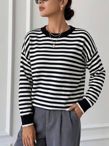 SHEIN LUNE LUNE Black And White Striped Pattern Contrast Trim Drop Shoulder Sweater, Long Sleeve Tops In Autumn Back-To-School Travel Everyday School Casual - Black and White - View 8