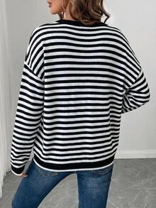 SHEIN LUNE LUNE Black And White Striped Pattern Contrast Trim Drop Shoulder Sweater, Long Sleeve Tops In Autumn Back-To-School Travel Everyday School Casual - Black and White - View 7