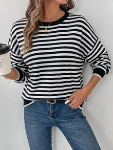SHEIN LUNE LUNE Black And White Striped Pattern Contrast Trim Drop Shoulder Sweater, Long Sleeve Tops In Autumn Back-To-School Travel Everyday School Casual - Black and White - View 4