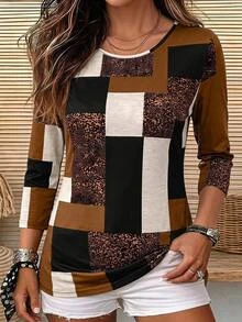 EMERY ROSE Women's Brown And Cream Cat Graphic T-Shirt Formal Brunch Everyday Autumn Casual - Multicolor - View 2