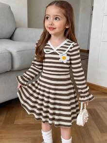 Casuvi Kids فستان طويل الأكمام للبنات، أسلوب شيك إنستغرامي للأطفال الصغار، فستان مضلع باللون البني واللون الأبيض بتصميم مايلارد عتيق، ياقة مطوية لطيفة مع أكمام مكشكشة واسعة، فستان خريفي - متعدد الألوان - مشاهدة 1