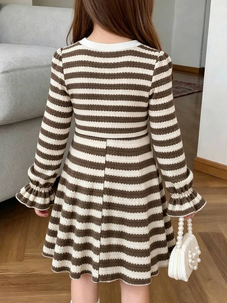 Casuvi Kids 女童長袖洋裝，幼童時尚Ins風，美拉德復古棕色與白色羅紋洋裝，可愛翻領搭配喇叭荷葉袖口，秋季洋裝 - 彩色 - 查看 2