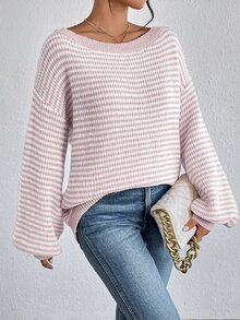 SHEIN LUNE 女士休闲撞色条纹喇叭袖针织衫，秋冬季，长袖上衣，露肩毛衣，休闲款 - 彩色 - 查看 7