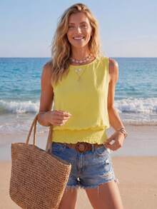 Sylviya Women Casual Solid Color Sleeveless Round Neck Basic Cute Blouse Shirt, Autumn Everyday Wear Beach Lemon Yellow - Yellow - View 2