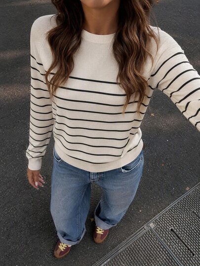 SHEIN LUNE Suéter de punto cómodo y casual con cuello redondo y rayas para mujer, para el verano en otoño/invierno