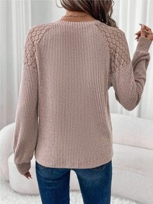 EMERY ROSE Women's Crew Neck Lace Patchwork Decor Button Waffle Texture Casual Long Sleeve T-Shirt Brunch Light Red Autumn - Apricot - View 2