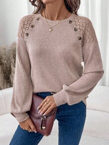 EMERY ROSE Women's Crew Neck Lace Patchwork Decor Button Waffle Texture Casual Long Sleeve T-Shirt Brunch Light Red Autumn - Apricot - View 4