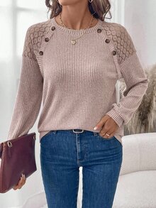 EMERY ROSE Women's Crew Neck Lace Patchwork Decor Button Waffle Texture Casual Long Sleeve T-Shirt Brunch Light Red Autumn - Apricot - View 6