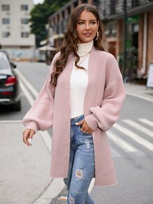 SHEIN LUNE 秋冬灯笼袖落肩长袖开衫、长袖上衣 - 藕粉色 - 查看 7