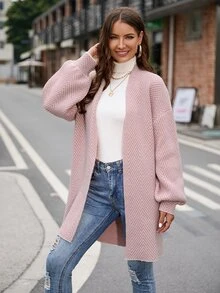 SHEIN LUNE 秋冬灯笼袖落肩长袖开衫、长袖上衣 - 藕粉色 - 查看 6