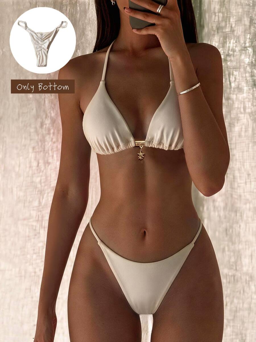 SHEIN Swim 女士纯色丁字裤，简约设计，适合比基尼泳裤 - 杏色 - 查看 1