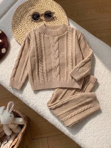 SHEIN طقم من قطعتين للبنات الصغيرات بلون موحد، كنزة صوفية محبوكة بياقة دائرية وبنطال طويل كاجوال - متعدد الألوان - مشاهدة 2