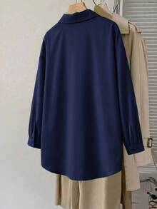 SHEIN CURVE+ Plus Size Women's Solid Color Long Sleeve Shirt Collar Button Front Loose Fit Blouse Fall - Navy Blue - View 2