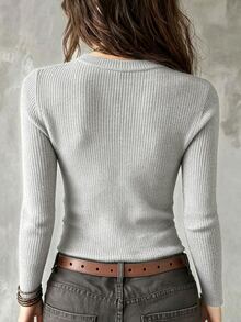 SHEIN LUNE Women's Slim Fit Crew Neck Long Sleeve T-Shirt With Thermal Lined, Grey - Grey - View 2