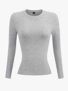 SHEIN LUNE Women's Slim Fit Crew Neck Long Sleeve T-Shirt With Thermal Lined, Grey - Grey - View 4