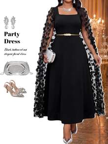 Fleurora Plus Size Fashion Party 3D Floral Mesh Patchwork Dress Fall - Black - View 5