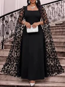 Fleurora Plus Size Fashion Party 3D Floral Mesh Patchwork Dress Fall - Black - View 1
