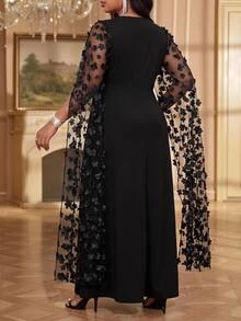 Fleurora Plus Size Fashion Party 3D Floral Mesh Patchwork Dress Fall - Black - View 2