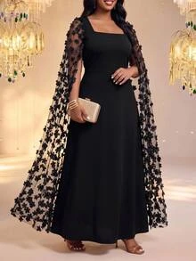 Fleurora Plus Size Fashion Party 3D Floral Mesh Patchwork Dress Fall - Black - View 3