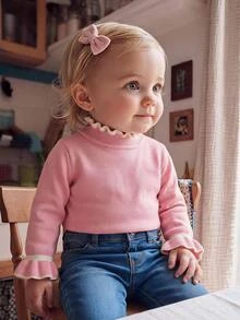 SHEIN Vintaside Kids 女嬰針織長袖套頭毛衣，荷葉領羅紋設計，淺粉色，適合秋冬，時尚優雅百搭，適用居家、日常穿著、外出、旅行、聚會與假日出遊 - 淺粉色 - 查看 9