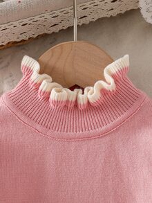SHEIN Vintaside Kids 女嬰針織長袖套頭毛衣，荷葉領羅紋設計，淺粉色，適合秋冬，時尚優雅百搭，適用居家、日常穿著、外出、旅行、聚會與假日出遊 - 淺粉色 - 查看 3