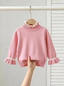 SHEIN Vintaside Kids 女嬰針織長袖套頭毛衣，荷葉領羅紋設計，淺粉色，適合秋冬，時尚優雅百搭，適用居家、日常穿著、外出、旅行、聚會與假日出遊 - 淺粉色 - 查看 10