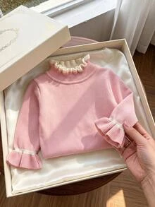 SHEIN Vintaside Kids 女嬰針織長袖套頭毛衣，荷葉領羅紋設計，淺粉色，適合秋冬，時尚優雅百搭，適用居家、日常穿著、外出、旅行、聚會與假日出遊 - 淺粉色 - 查看 8