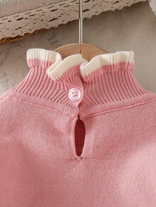 SHEIN Vintaside Kids 女嬰針織長袖套頭毛衣，荷葉領羅紋設計，淺粉色，適合秋冬，時尚優雅百搭，適用居家、日常穿著、外出、旅行、聚會與假日出遊 - 淺粉色 - 查看 6