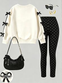 Tween Girls 2 Pcs Fall Outfits Bow Print Long Sleeve Sweatshirt & Polka Dot Leggings Sweet Casual - Multicolor - View 2