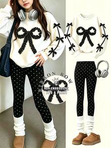 Tween Girls 2 Pcs Fall Outfits Bow Print Long Sleeve Sweatshirt & Polka Dot Leggings Sweet Casual - Multicolor - View 3