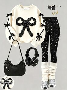 Tween Girls 2 Pcs Fall Outfits Bow Print Long Sleeve Sweatshirt & Polka Dot Leggings Sweet Casual - Multicolor - View 4