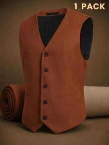 HIMLAND 男士梭織修身休閒無袖西裝背心，適合春夏穿著 - 棕色 - 查看 2