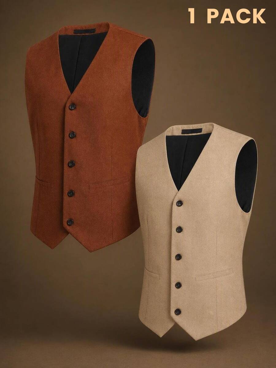 HIMLAND Men's Woven Fitted Casual Sleeveless Suit Vest, Suitable For Spring And Summer - Brown - View 1
