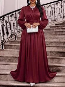 Fleurora Plus Size Elegant Burgundy Color Party Dress Fall Burgundy Dress Sparkly Dress Party Dress Wedding Guest Dresses Christmas Dress Elegant Dress - Burgundy - View 1
