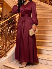 Fleurora Plus Size Elegant Burgundy Color Party Dress Fall Burgundy Dress Sparkly Dress Party Dress Wedding Guest Dresses Christmas Dress Elegant Dress - Burgundy - View 3