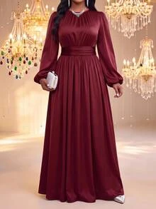 Fleurora Plus Size Elegant Burgundy Color Party Dress Fall Burgundy Dress Sparkly Dress Party Dress Wedding Guest Dresses Christmas Dress Elegant Dress - Burgundy - View 2