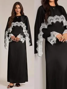 SHEIN Tall 女款蕾絲拼接收腰長洋裝 - 黑色 - 查看 1