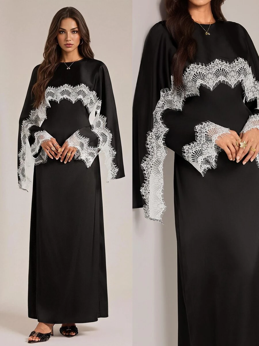 SHEIN Tall 女款蕾絲拼接收腰長洋裝 - 黑色 - 查看 1