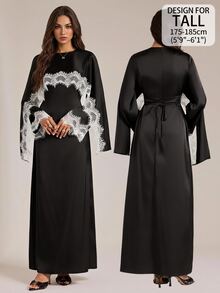 SHEIN Tall 女款蕾絲拼接收腰長洋裝 - 黑色 - 查看 2