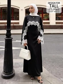 SHEIN Tall 女款蕾絲拼接收腰長洋裝 - 黑色 - 查看 3