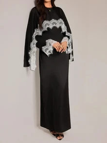 SHEIN Tall 女款蕾絲拼接收腰長洋裝 - 黑色 - 查看 9