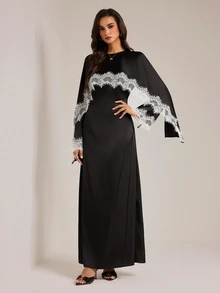SHEIN Tall 女款蕾絲拼接收腰長洋裝 - 黑色 - 查看 8