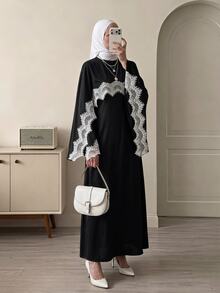 SHEIN Tall 女款蕾絲拼接收腰長洋裝 - 黑色 - 查看 7