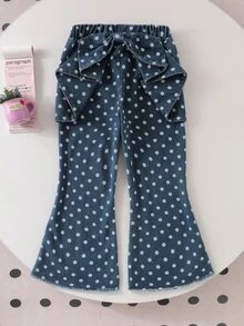 Polka Dot Denim Flare Pants With Back Bow, Frayed Hem, Children's Spring/Autumn Casual Set, Fashionable Daily Outfit For Girls - Blue - View 3