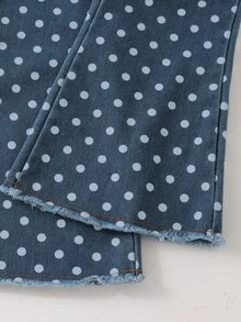 Polka Dot Denim Flare Pants With Back Bow, Frayed Hem, Children's Spring/Autumn Casual Set, Fashionable Daily Outfit For Girls - Blue - View 9